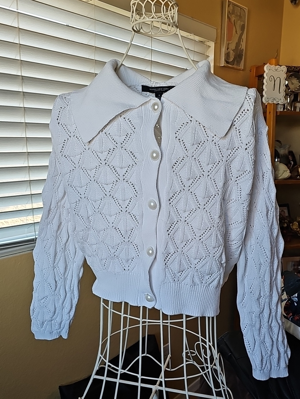 White Pointelle Knit Button-Front Cardigan with Peter Pan Collar, Pearl Buttons